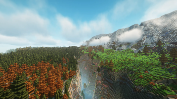 A deep gorge separating mountains and forests