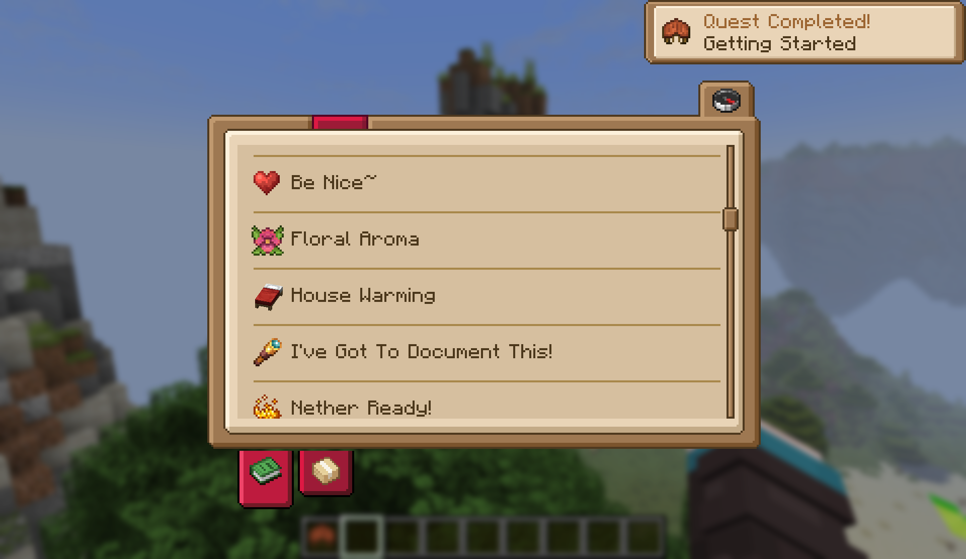 Screenshot of the in-game questlog, accessed by pressing `