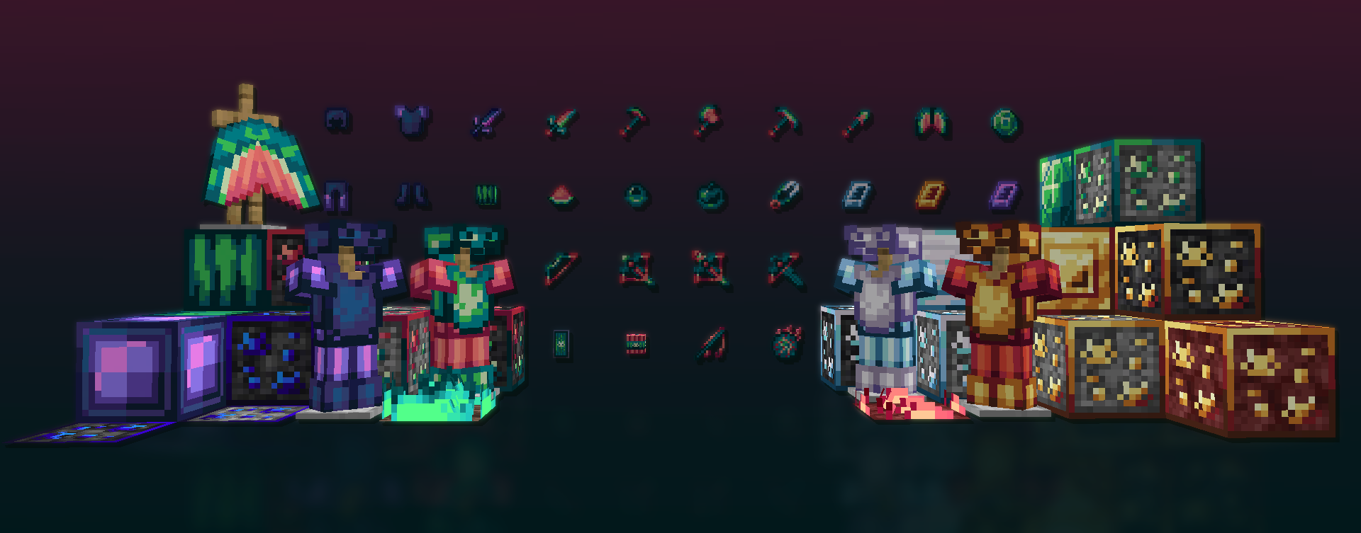 A screenshot of various minecraft items retextured to be watermelon themed, with various accent colors matching their material on a dark green gradient background.