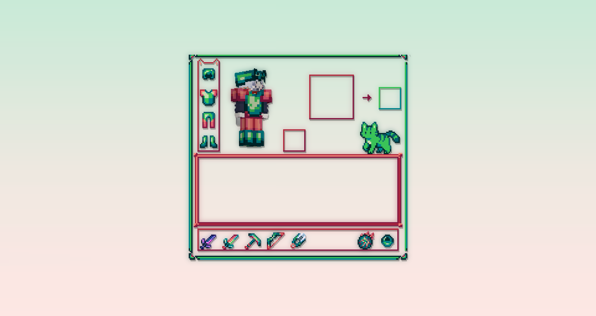 An image of a minecraft hotbar, with a watermelon theme over a pastel gradient.