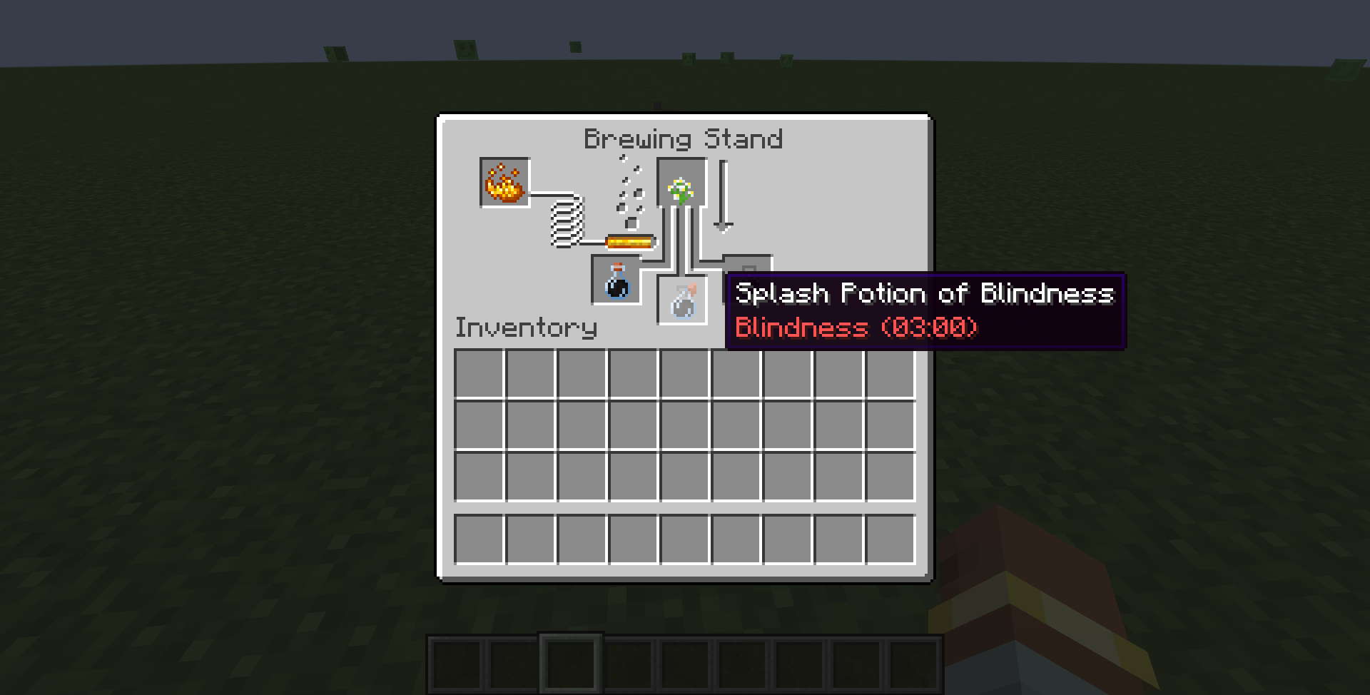Image of Blindness Potion in a Brewing Stand. Ingredient (Azure Bluet) shown in top slot (Note: duration is outdated)