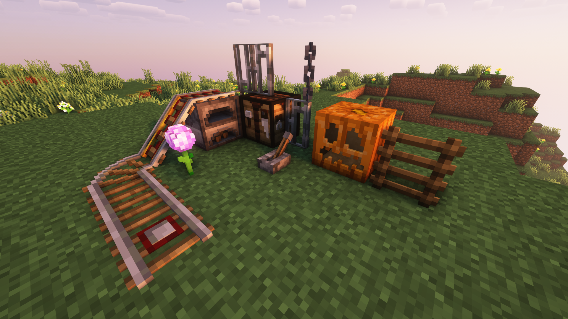 Includes all types of rail, lever, Allium, ladder, carved pumpkin, crafting table, iron bars, chain and the Furnace blocks.

Taken with Complementary Reimagined shaders.