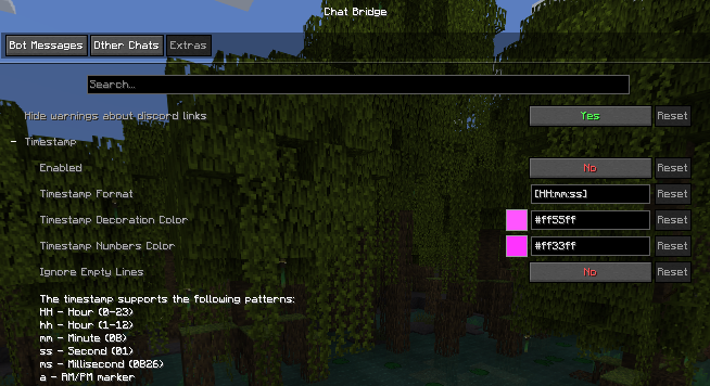 Extras settings
