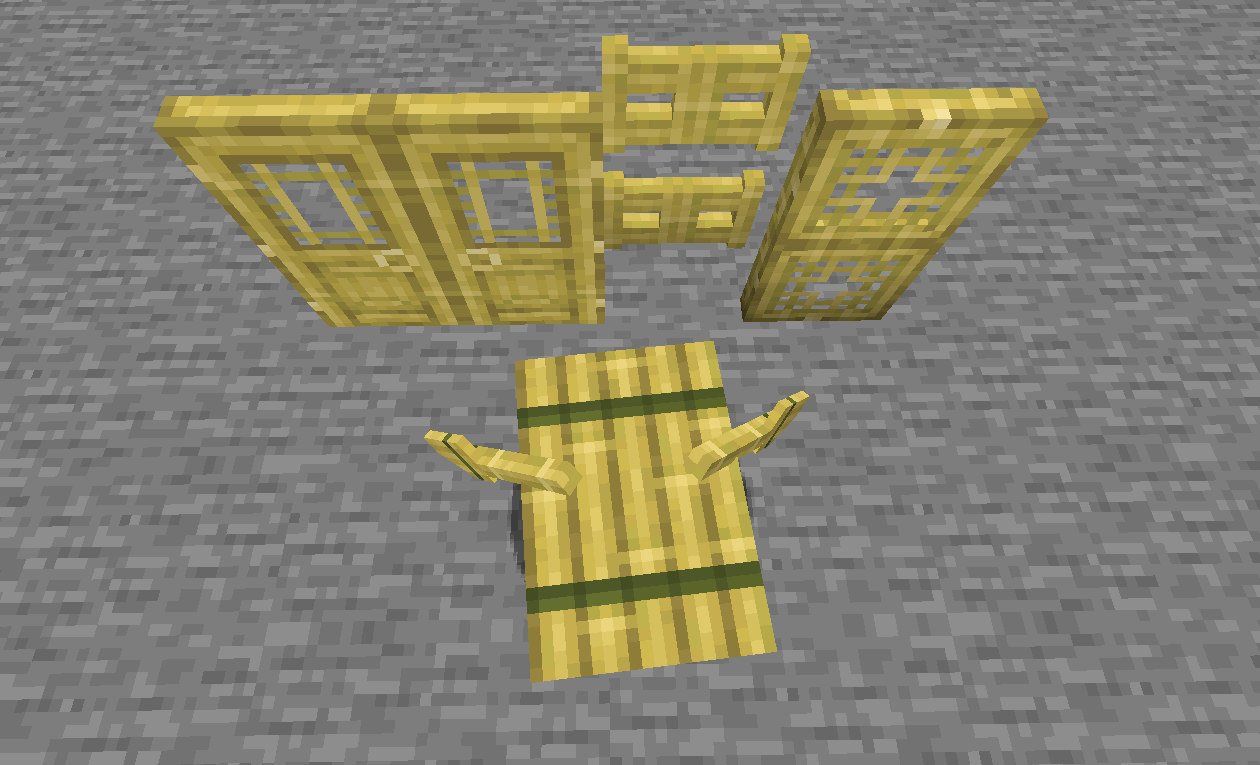 Wooden doors, trapdoors and fence gates.