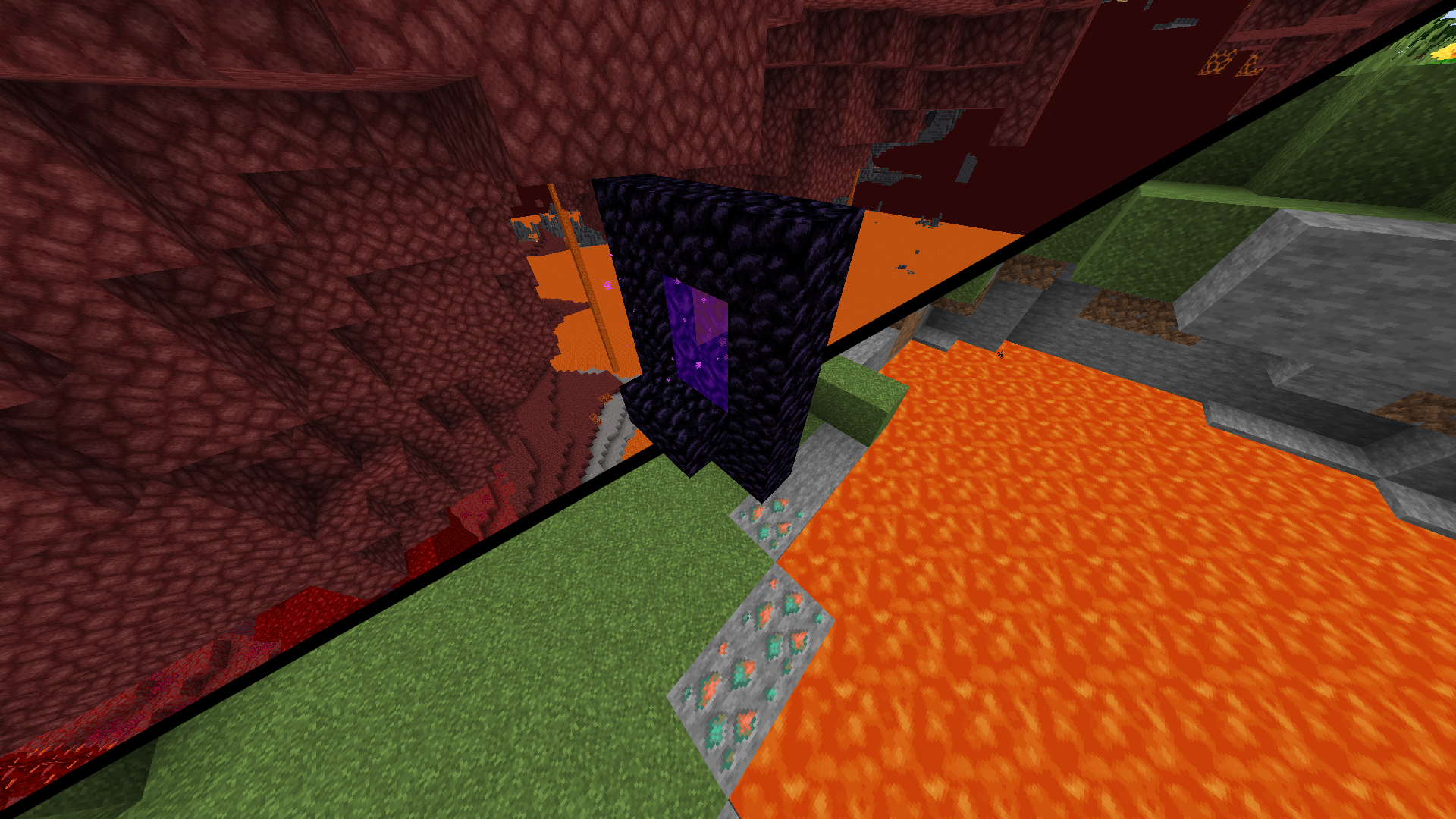 2 Nether portals overlayed at the exact scaled location. Nether side Nether Portal has the guard rails.