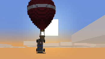 A land vehicle suspended in the sky