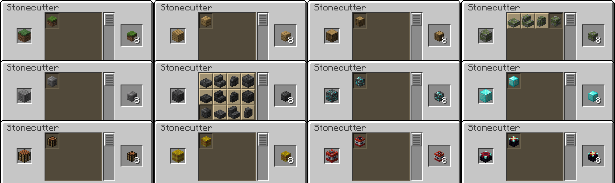 Some examples of how the recipes appear in the stonecutter menu