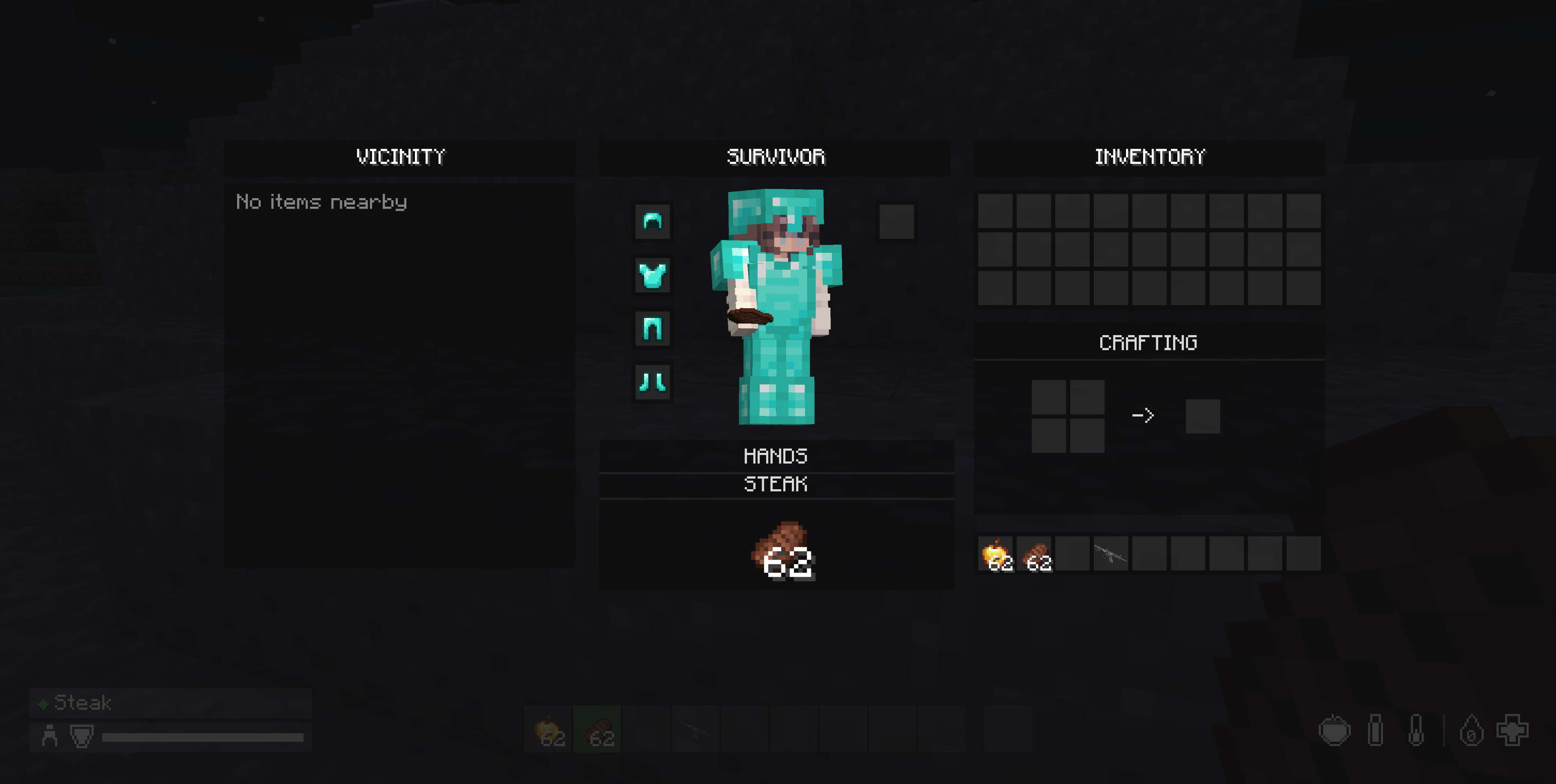 DayZ Inventory UI — Vicinity grid with an open Jukebox drawer, the Survivor panel, the 2.0x Hands slot showing a Decorated Pot, and the 2x2 crafting grid