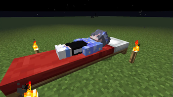 Player sleeping on the long bed