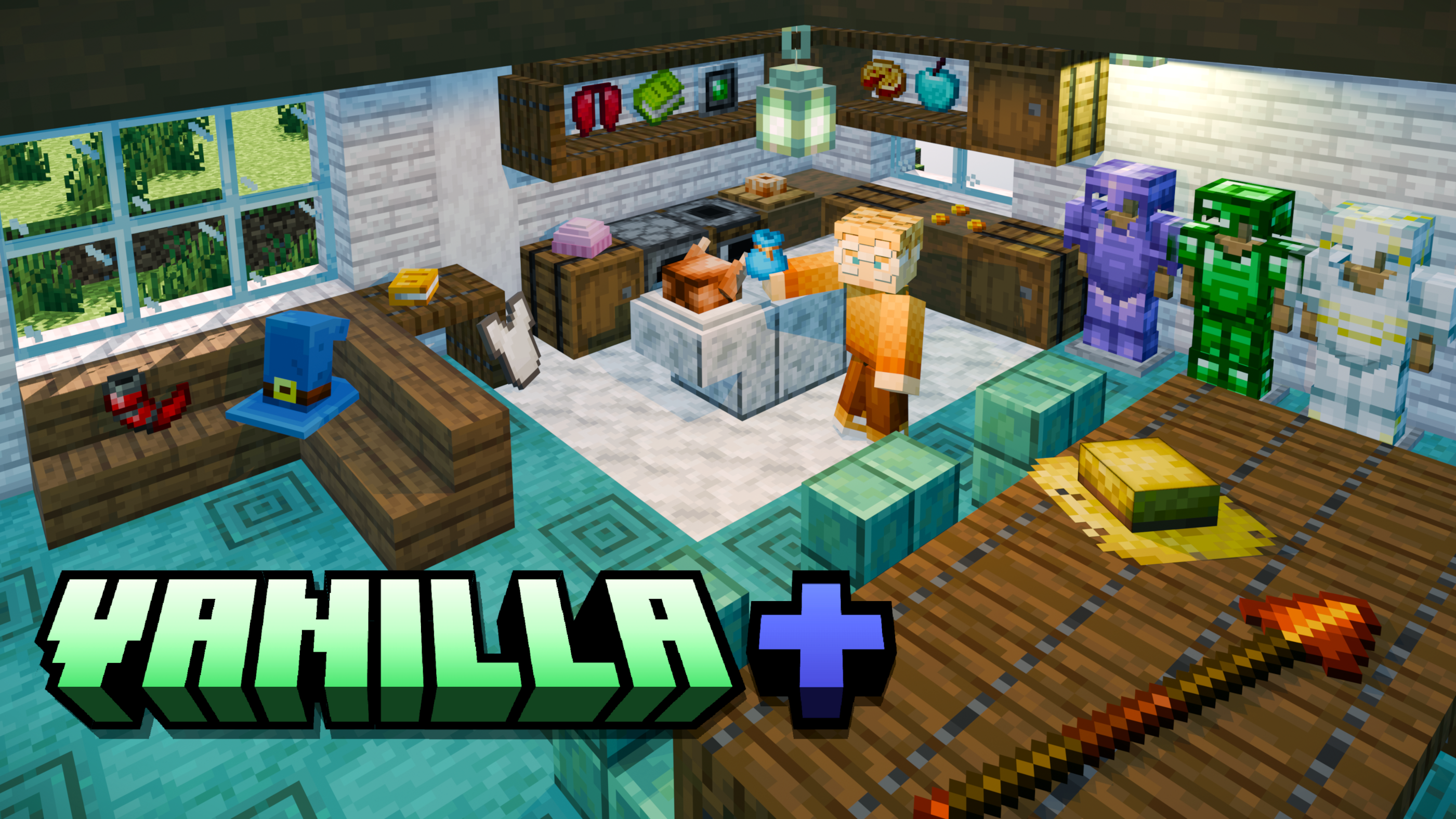 Banner for Vanilla+ showcasing most features advertised for the pack.