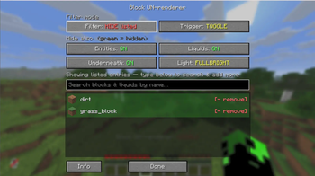 Block UN-renderer in-game GUI — searchable block & liquid picker with filter modes and toggles