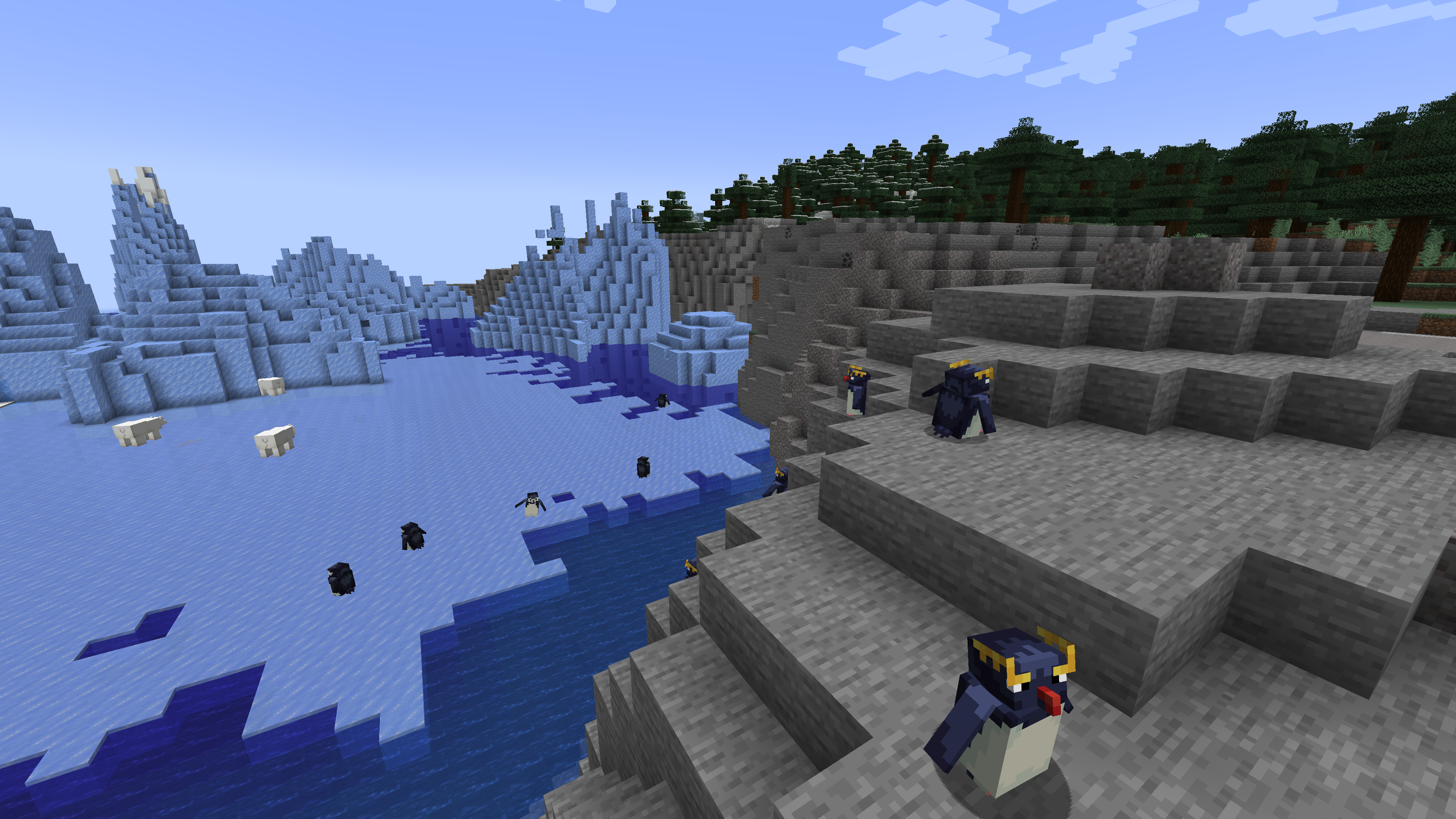 Scenery of Rockhopper and Chinstrap Penguins in their respective biomes.