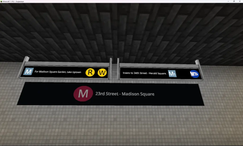(R), (W), and MTA logo icons on a sign from MTR