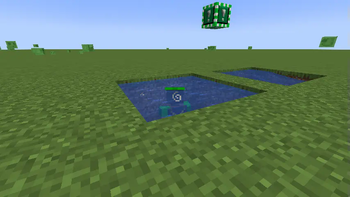 A player in a lake with a nearby Green Cap Block