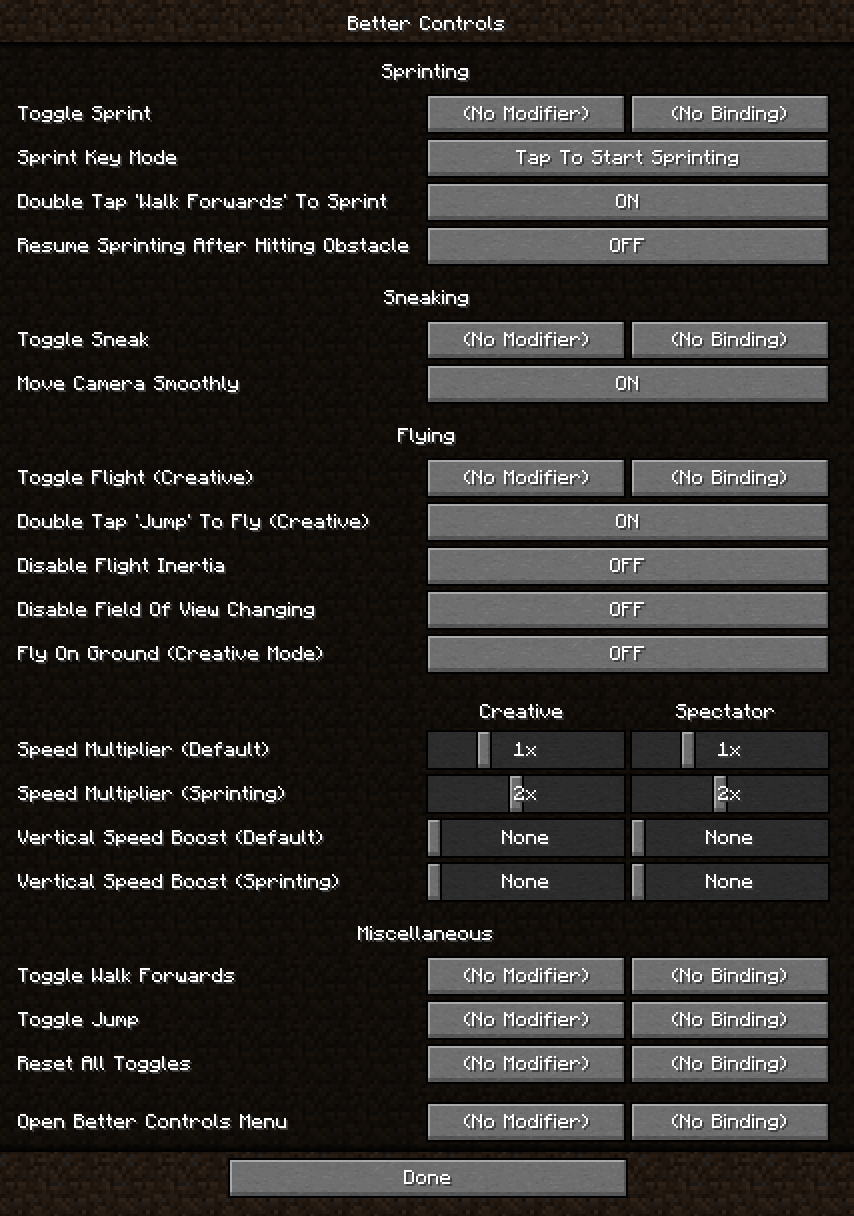 Better controls options in the control menu