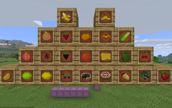 Various fruits, vegetables, berries, and pies. 