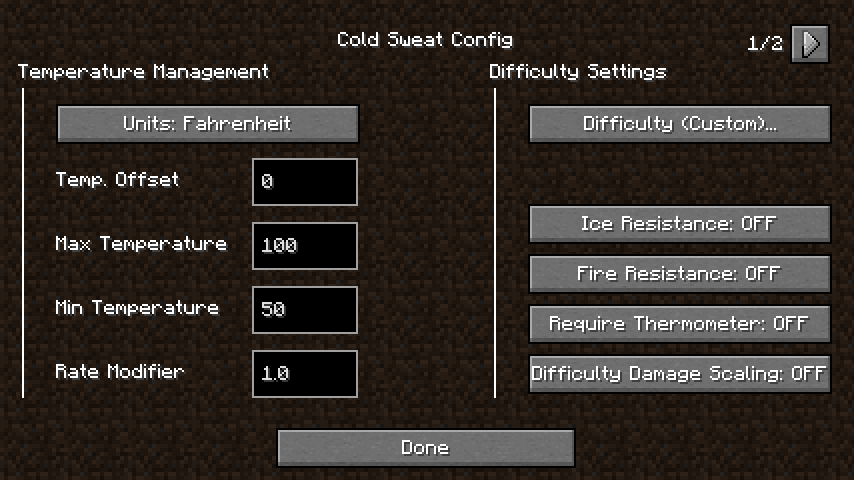 Cold Sweat Config Screen