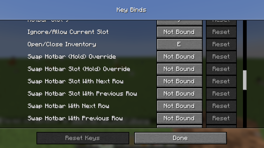 A user interface of Minecraft's Key Bind menu, showing the various key binds added by the mod.