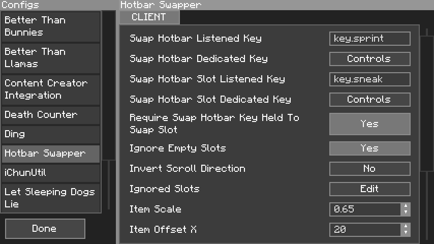 A user interface showing the various config options available in Hotbar Swapper