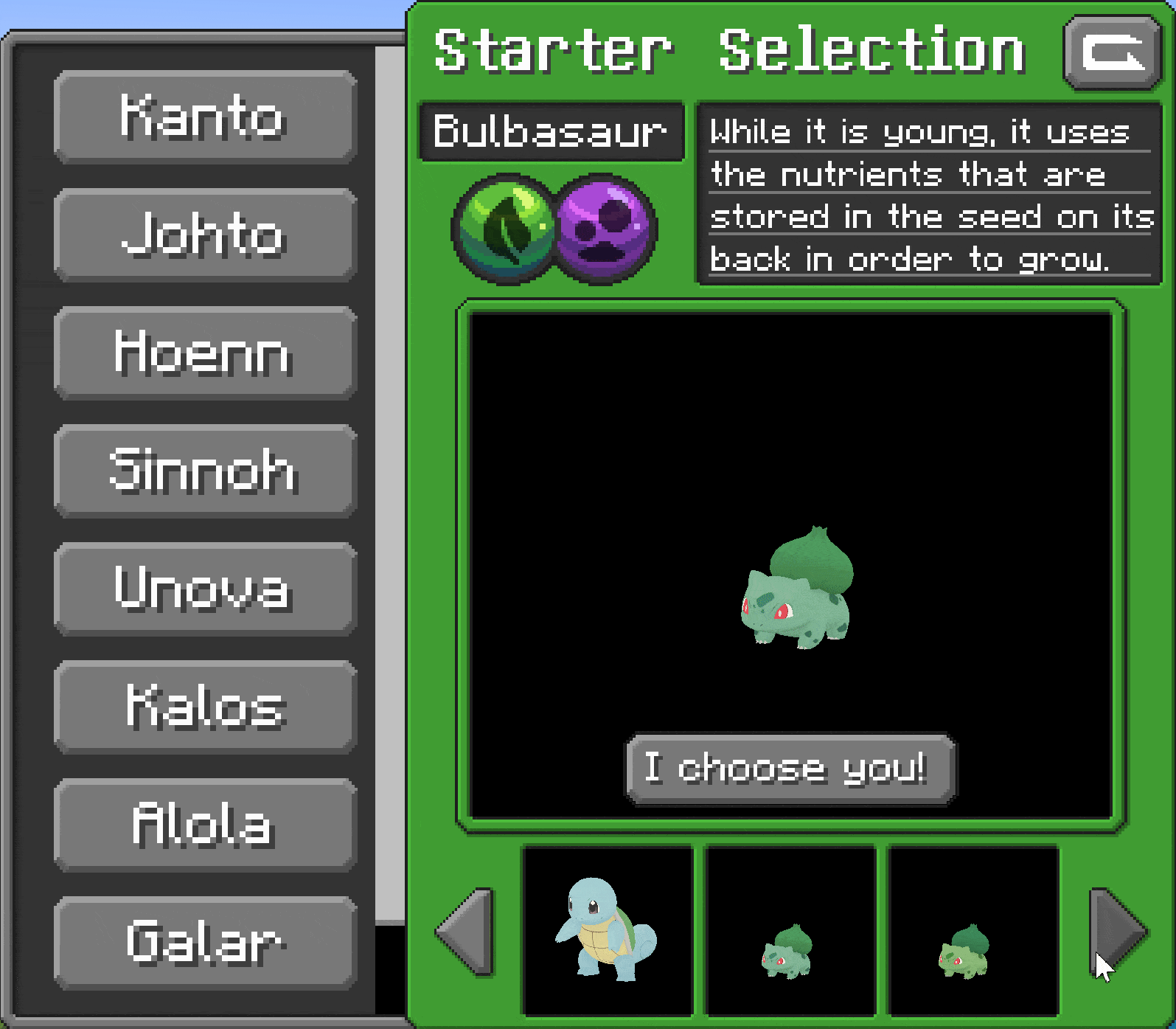 Gif of our Kanto Starters in Cobblemons starter selection menu