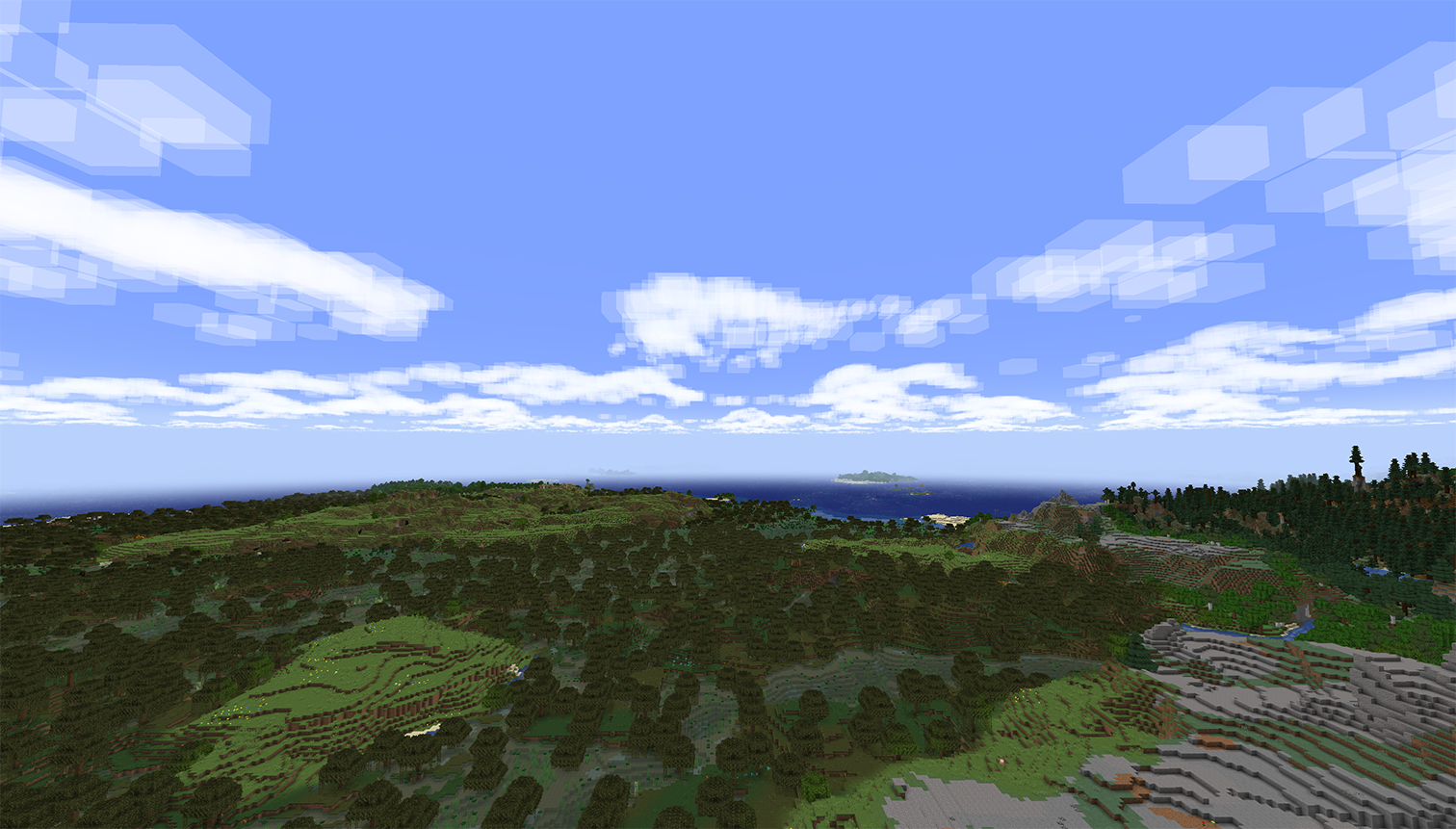 An in game screenshot showing a far stretched world, using the Distant Horizons mod