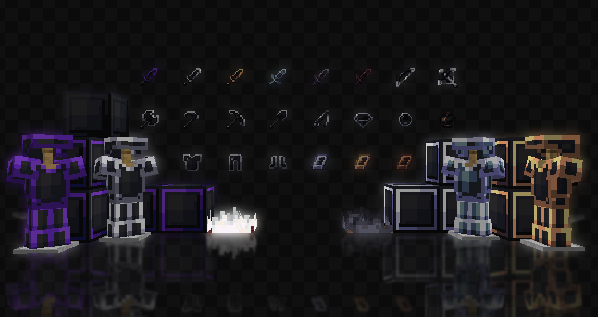 A screenshot of various minecraft items retextured to be in black/white, with various accent colors matching their material.