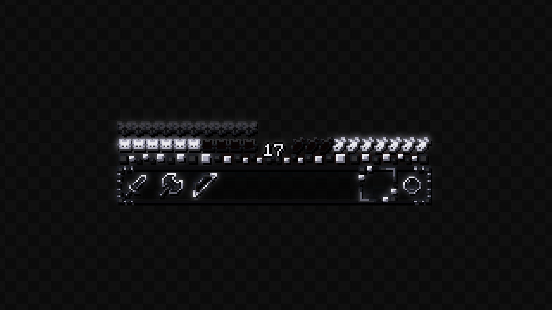 An image of a minecraft hotbar, with a black and white theme over a checkerboard pattern image.