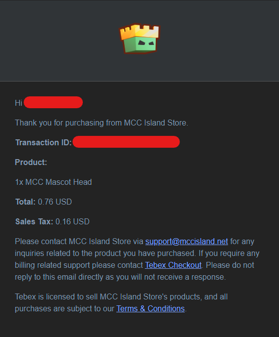 Tebex MCC Island Receipt