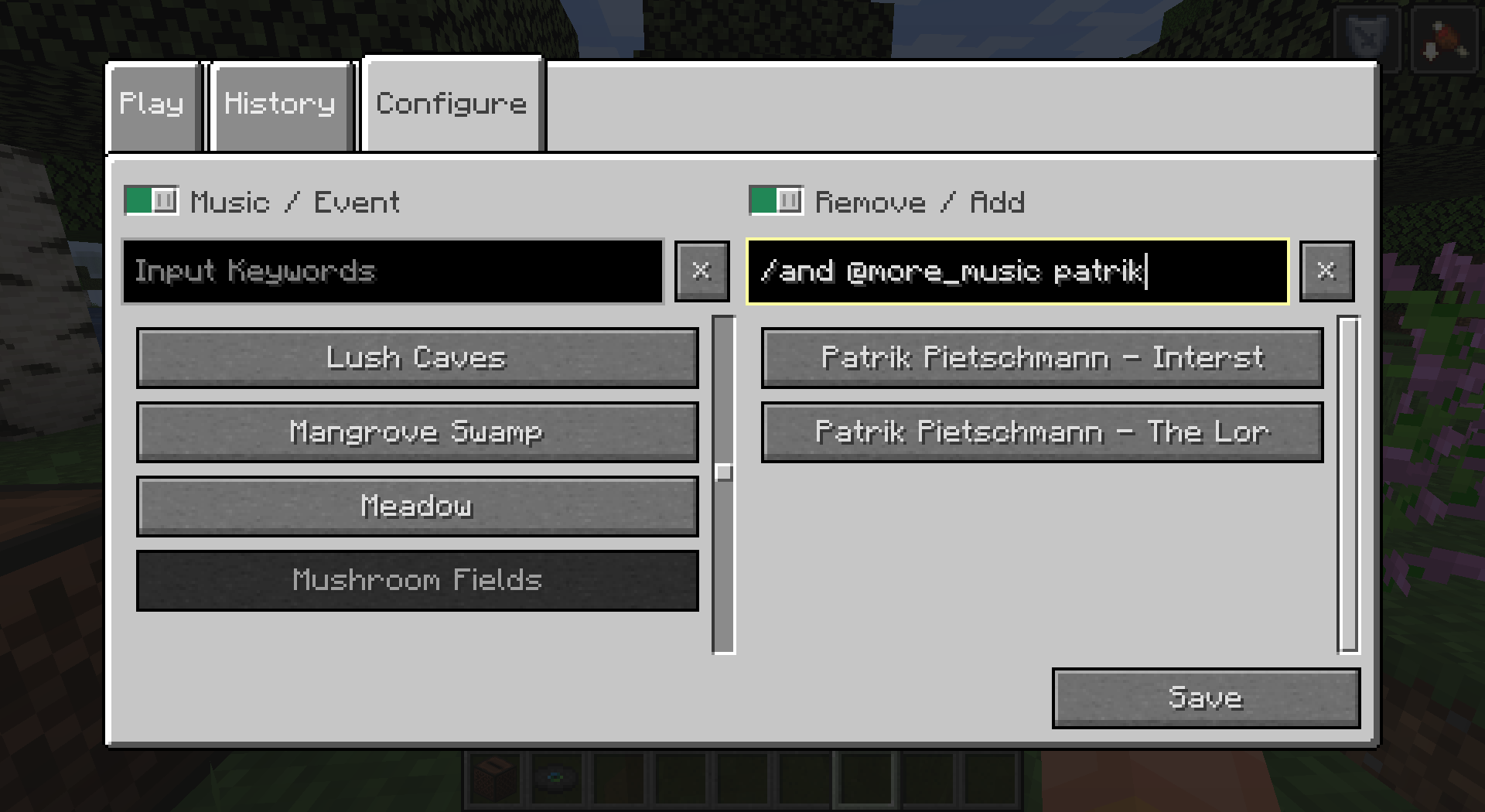 Configure music associated to a specific sound event. Use advanced filtering option, by name and namespace (sound pack).