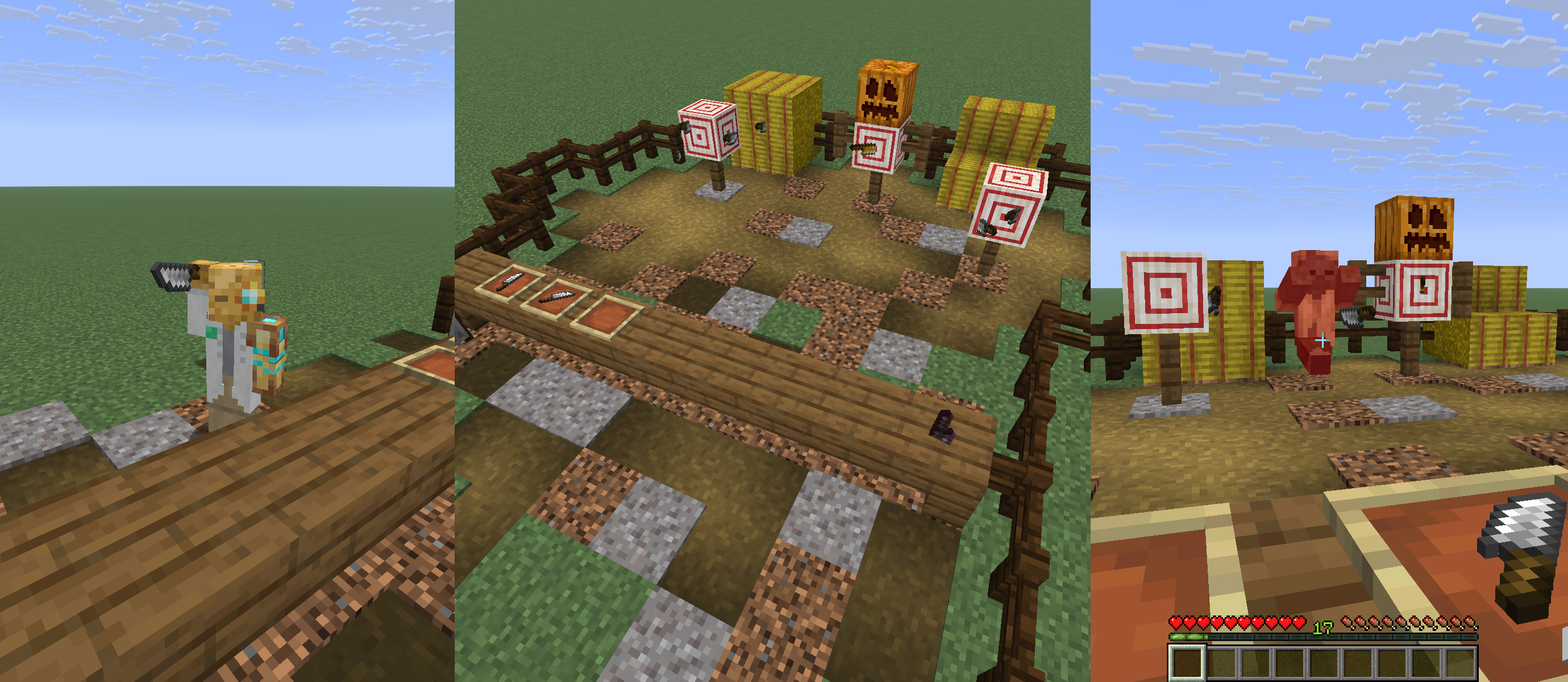 Collage: A player holding a knife next to his head, knives stuck in blocks at a knife throwing range, a husk taking damage from a thrown knife