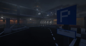 Parking area with custom road sign