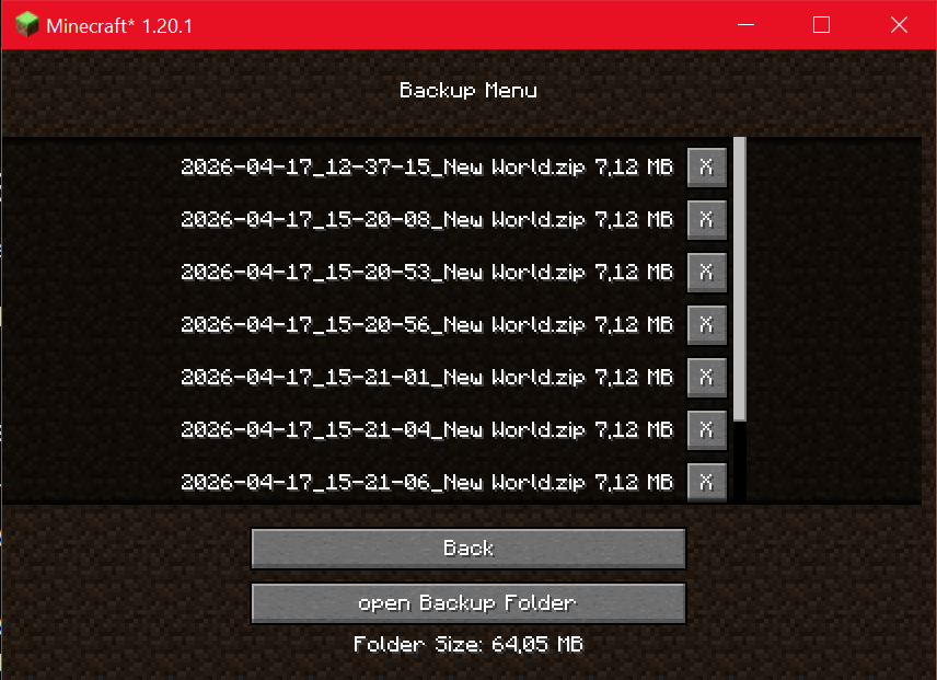 the backup menu