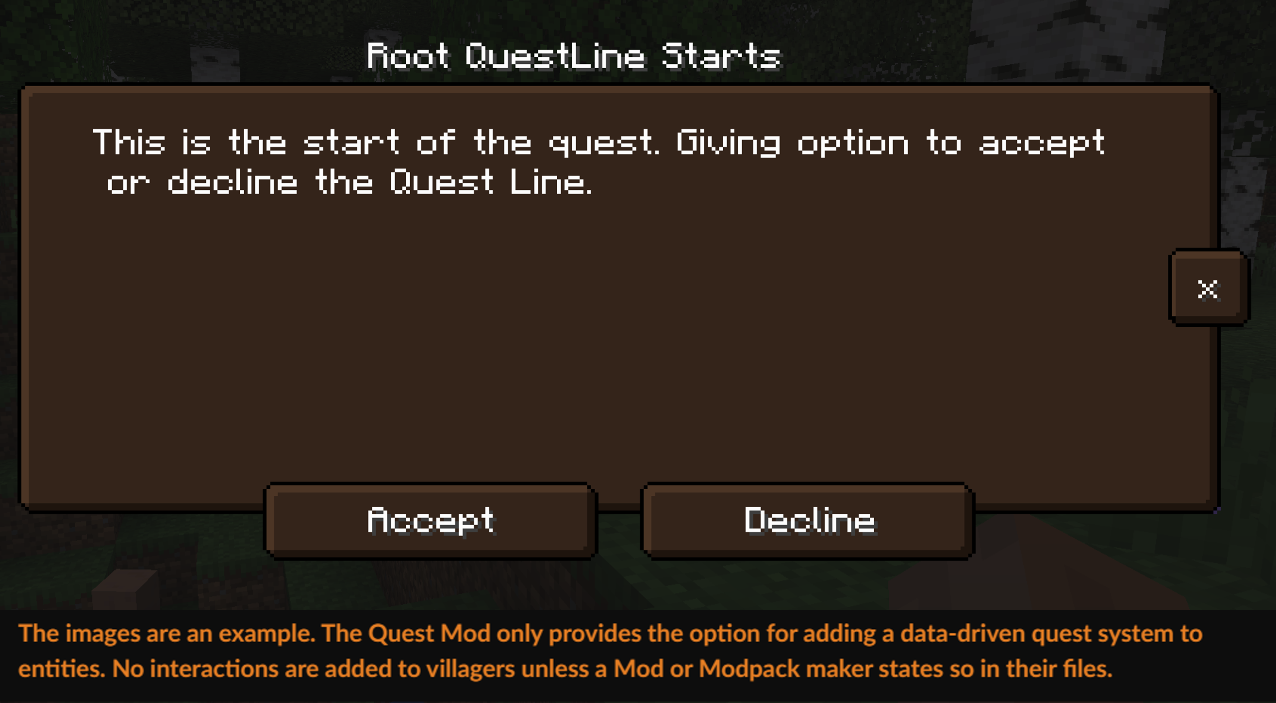 The images are an example. The Quest Mod only provides the option for adding a data-driven quest system to entities. No interactions are added to villagers unless a Mod or Modpack maker states so in their files.