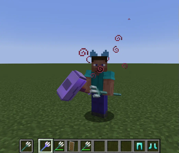 This images shows the player holding 2 tridents each with a different model. As well as a custom helmet.