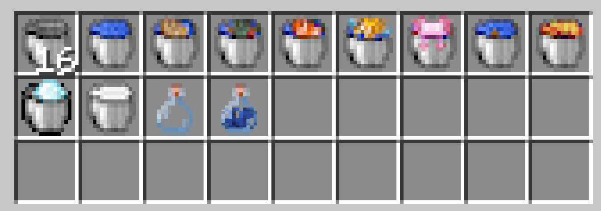 A chest open with all the types of buckets, a normal bucket, a water bucket, a cod bucket, a salmon bucket, a tropical fish bucket, a pufferfish bucket, an axolotl bucket, a tadpole bucket, a lava bucket, a powder snow bucket, and a milk bucket. 2 bottles