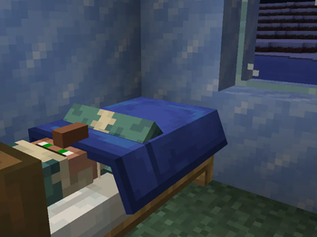 A villager sleeping in a blue bed