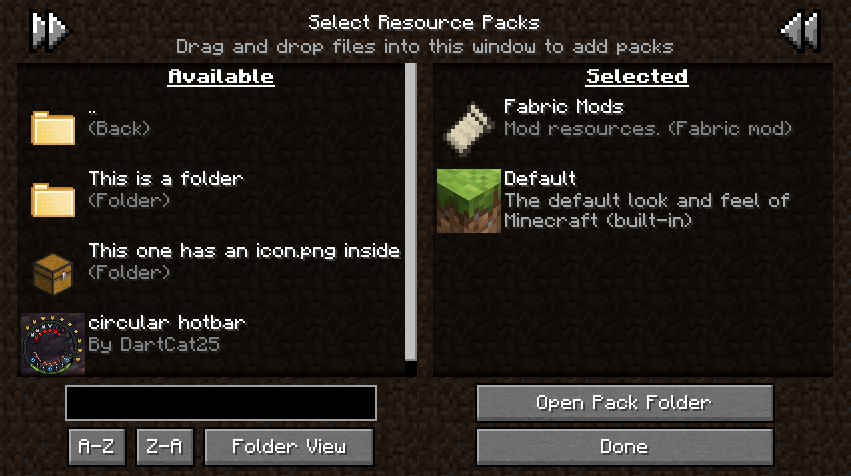 The modified resource packs screen