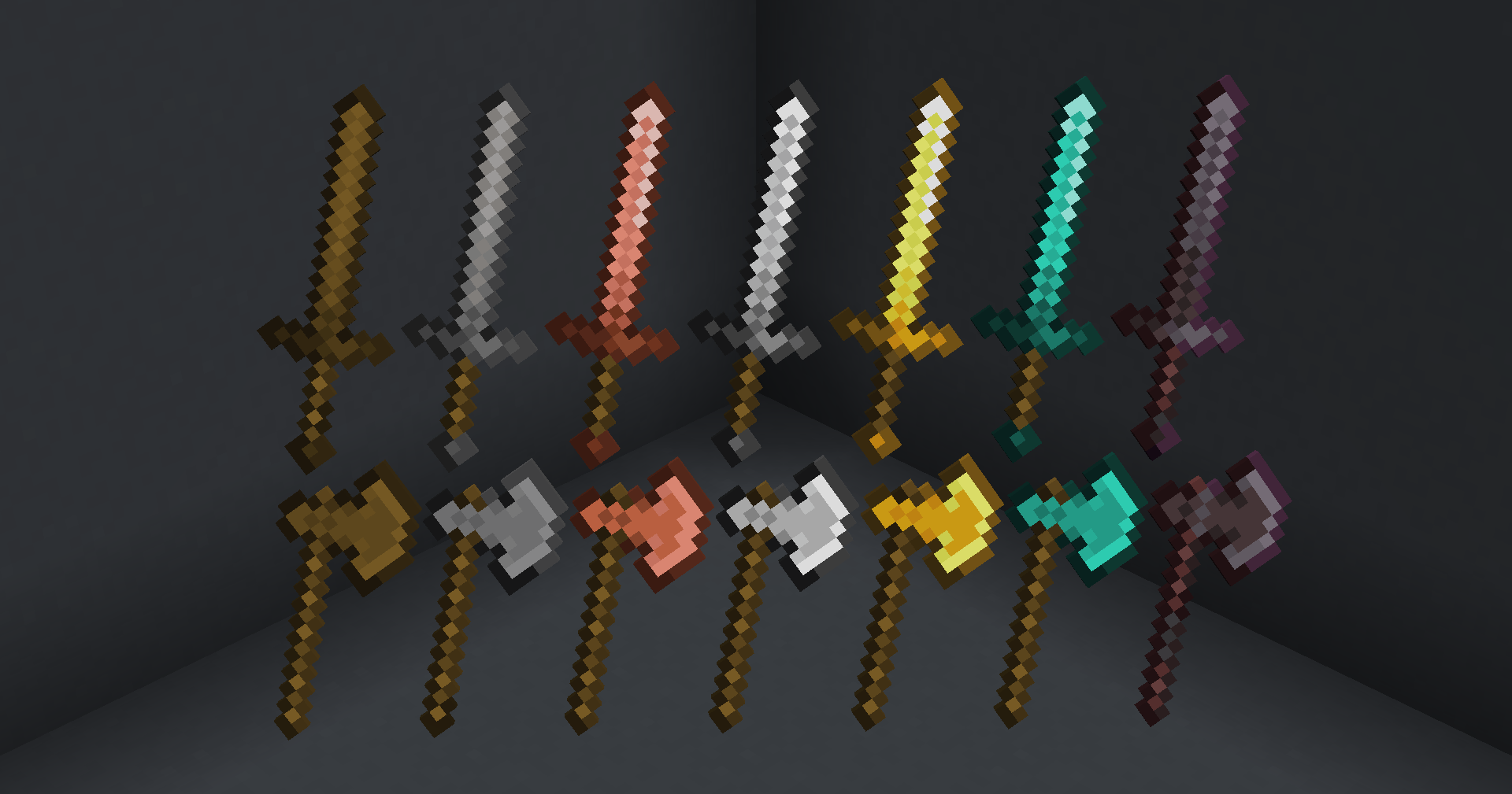 Preview of all swords & axes added by the pack in its 1.0 version.