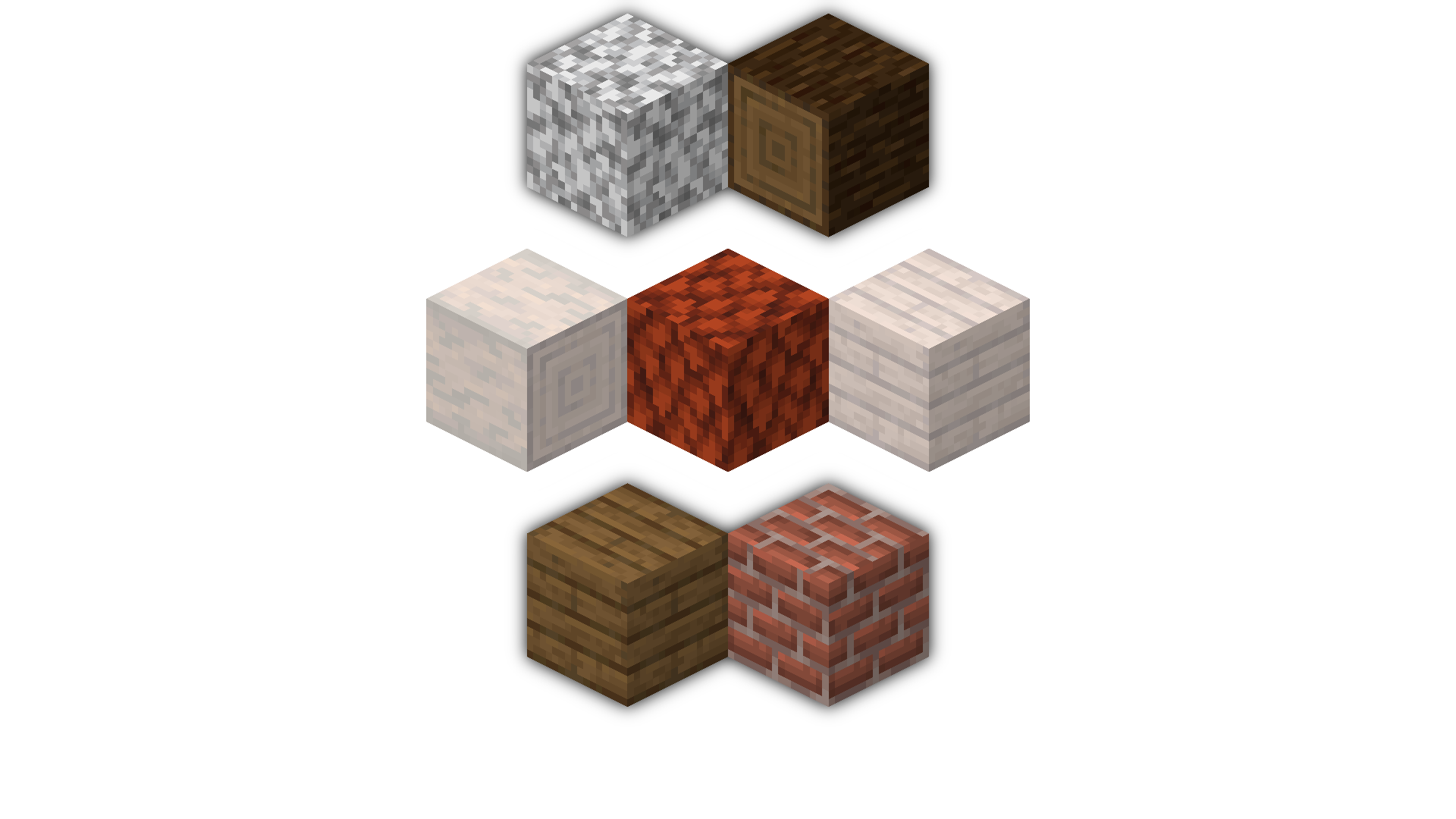 Showcasing the versatility of the blocks in 3 rows: (top) Diorite & Spruce Log, (middle) Stripped Pine Log, Pine Wood & Pine Planks, (bottom) Spruce Planks & Bricks