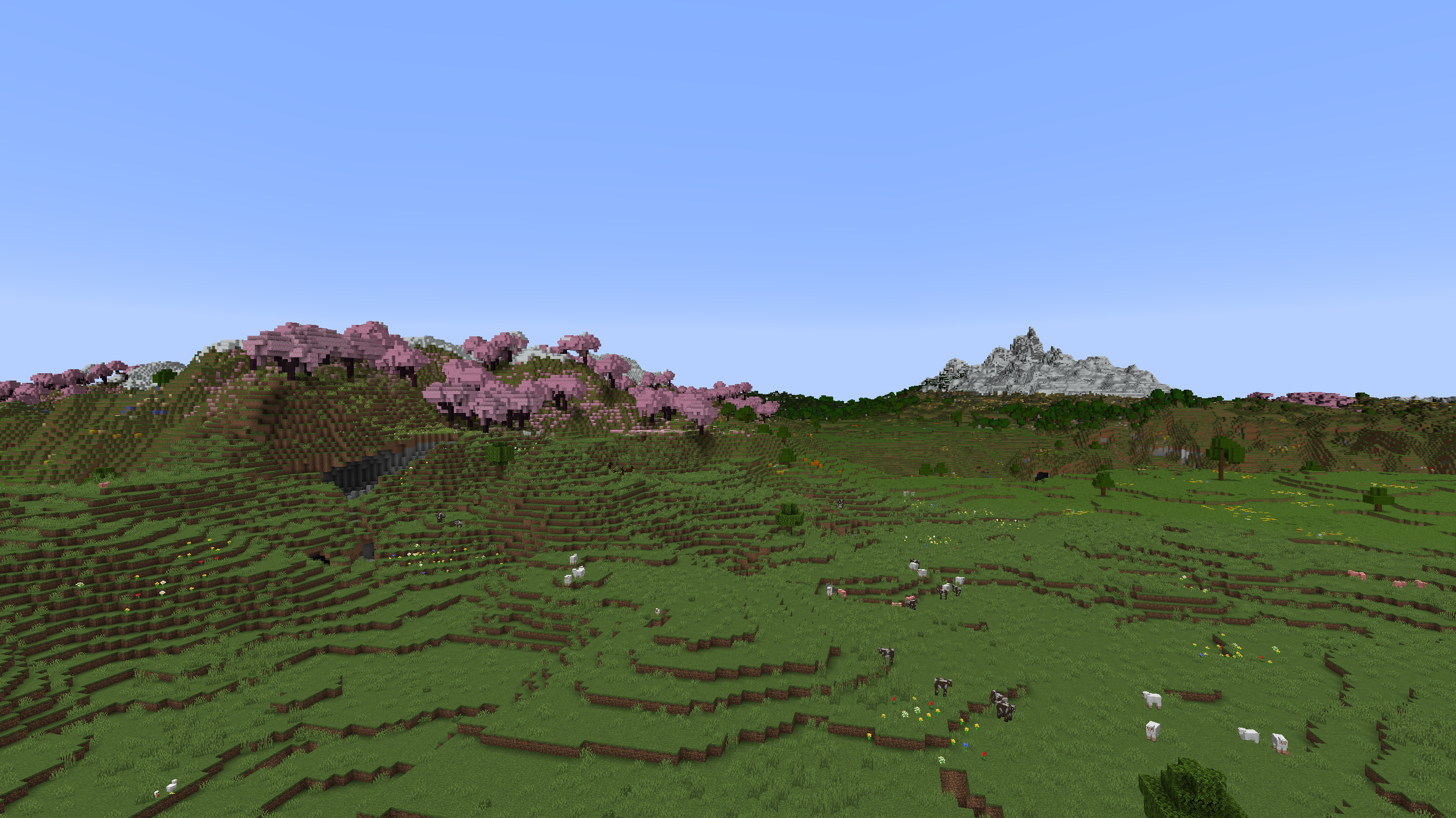 A Cherry Grove and a Jagged Peaks mountain surrounded by Plains