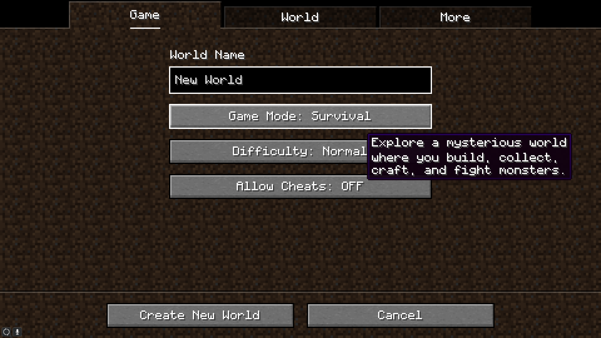 World creation screen