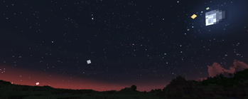 Five planets and the moon all visible at dawn. From left to right, 
Mercury (white), Venus (white), Mars (red), Jupiter (yellow) and Saturn (green).