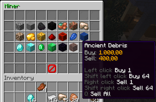 BasicShop plugin miner category showing tooltip of an item displaying buying and selling options