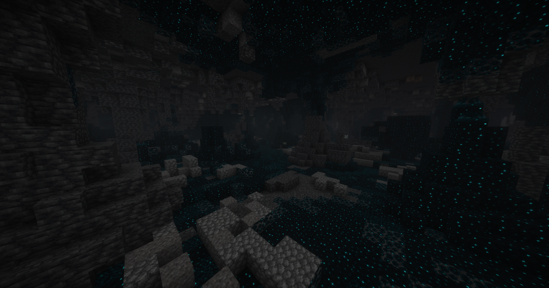 A screenshot from the Infinity Cave mod, showing the deep dark biome.