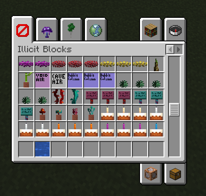Creative menu screen with Illicit Blocks showing blocks
