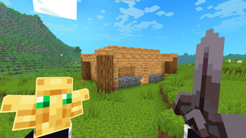 Netherite sword and a Totem Looking at a house