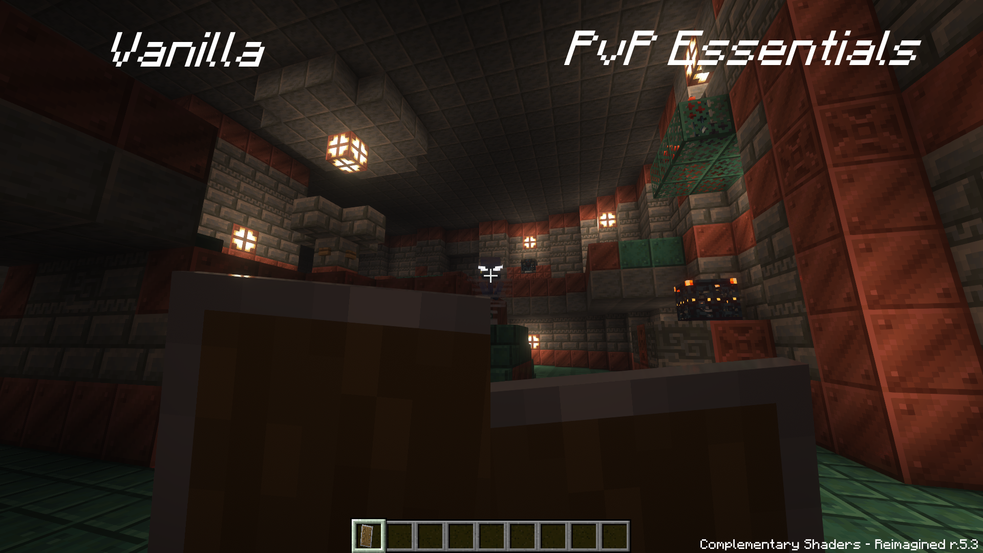 In-game screenshot comparing the vanilla shield height to the resource pack's shield height.