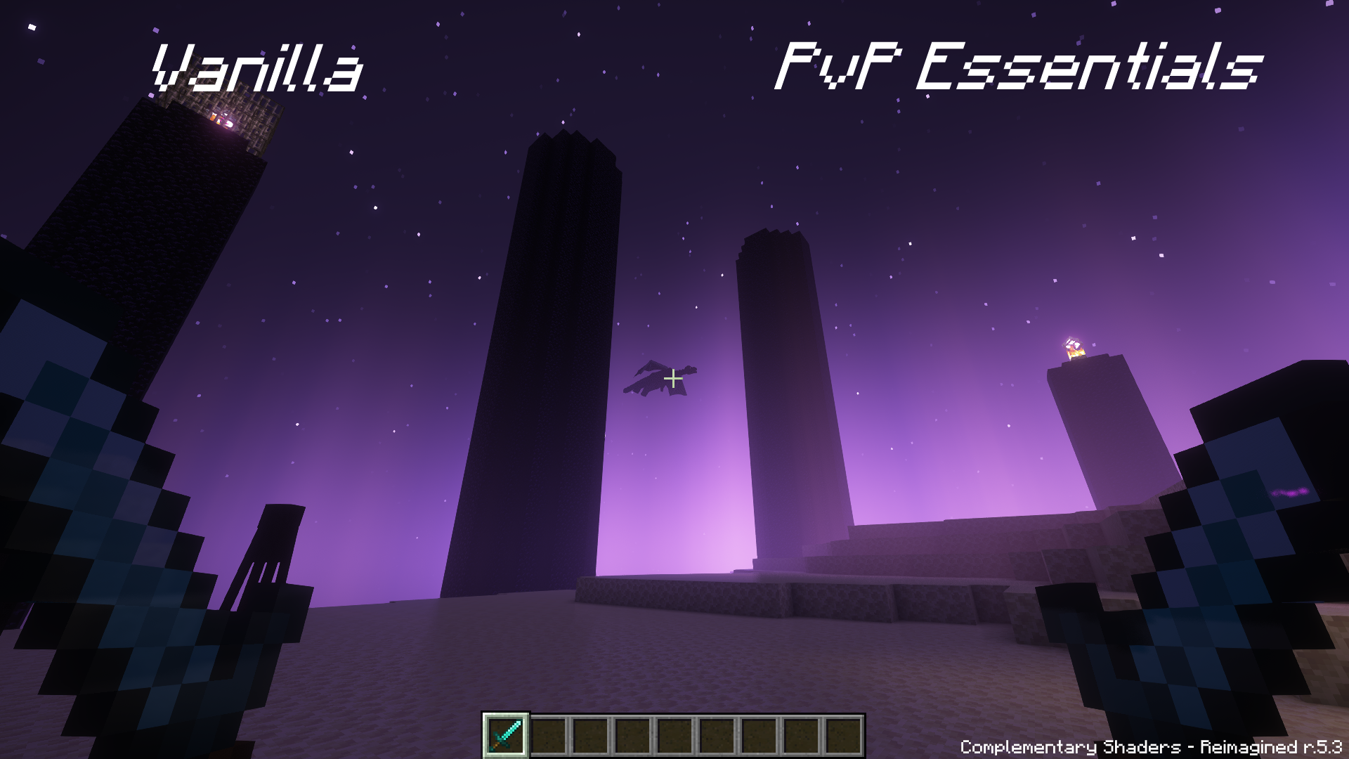 In-game screenshot comparing the vanilla sword texture to the resource pack's sword texture.