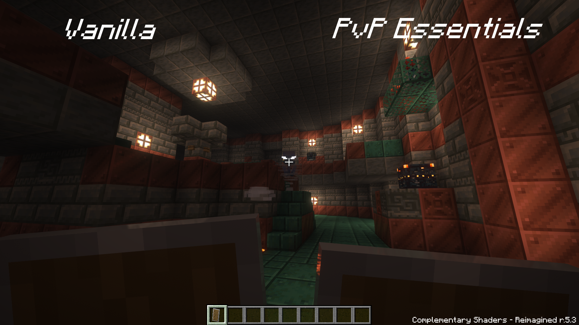 In-game screenshot comparing the vanilla shield height to the resource pack's shield height.