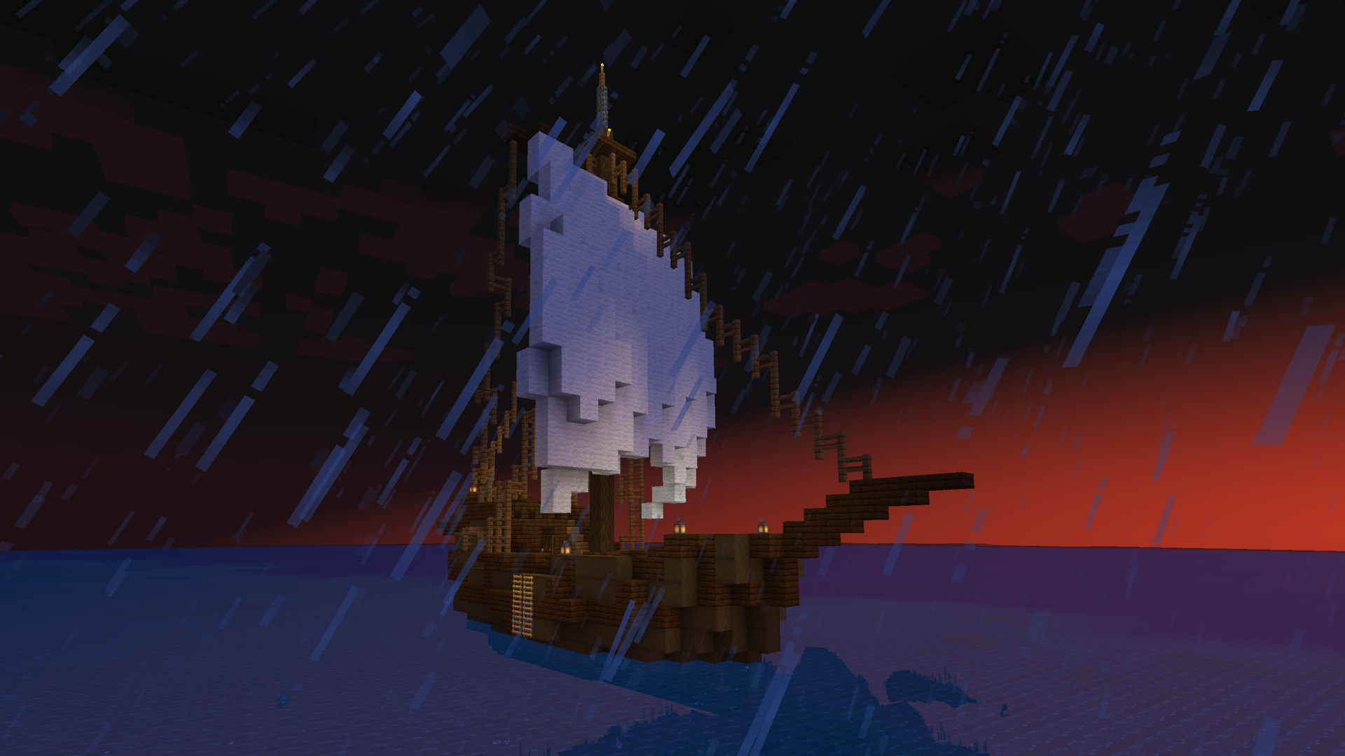 A Large Ship in the middle of the ocean on a rainy day.